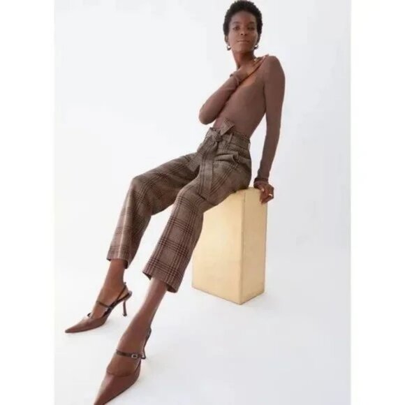 Aritzia Wilfred Tie Front Belt Plaid Pants Cropped High Rise Waisted Trousers - Picture 14 of 15